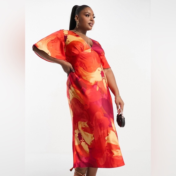 ASOS Curve Dresses & Skirts - ASOS DESIGN Curve exclusive satin flutter sleeve midi dress in floral print